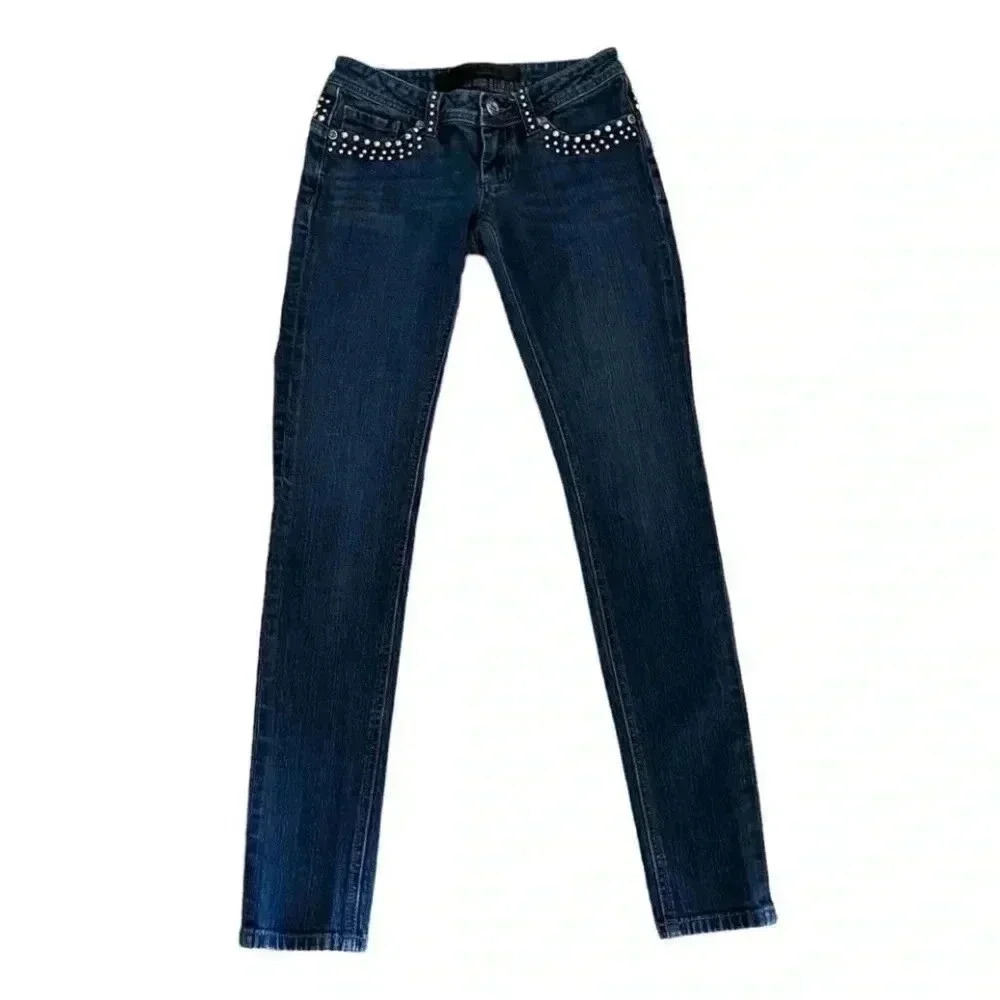 Bebe Medium Dark Blue Studded SZ 25 Women’s Skinny Mid-Rise Jeans